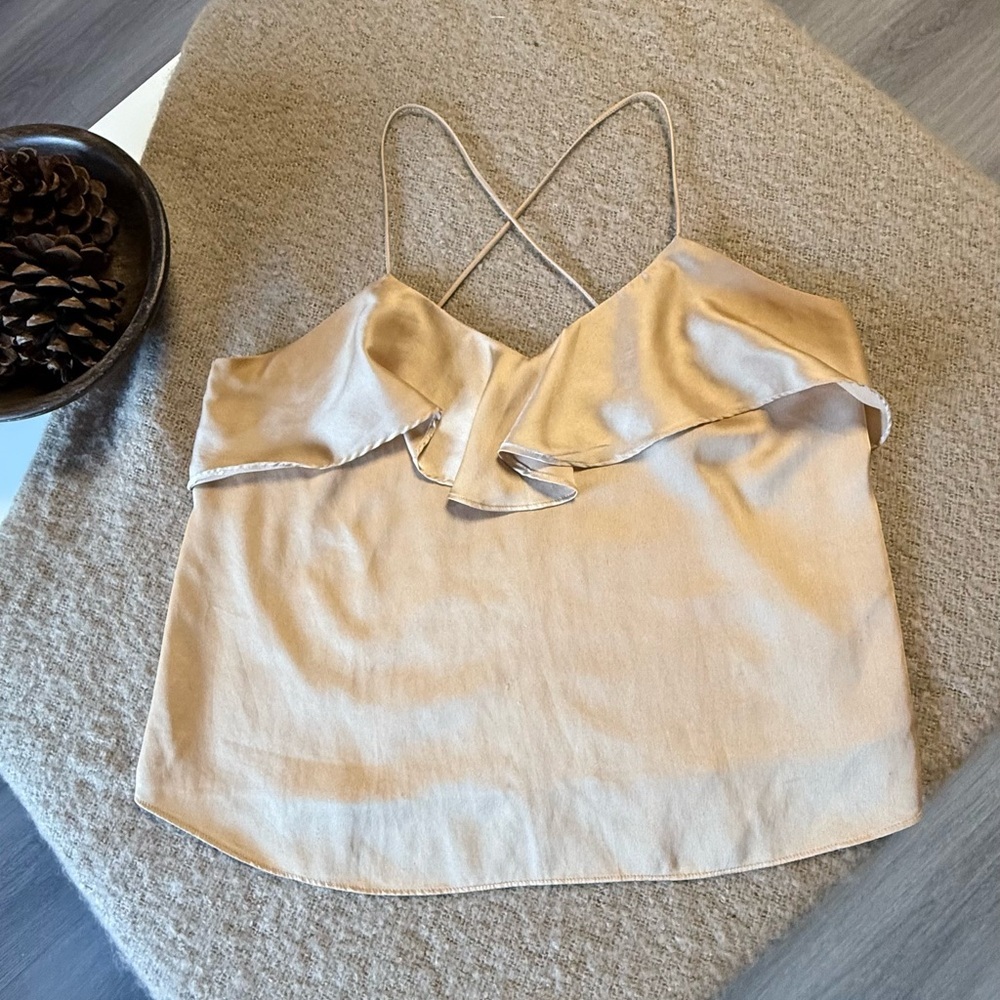 Harlyn Champagne Satin Ruffle Cami | Boho Chic Cross-Back Tank - Size LP - Picture 3 of 7